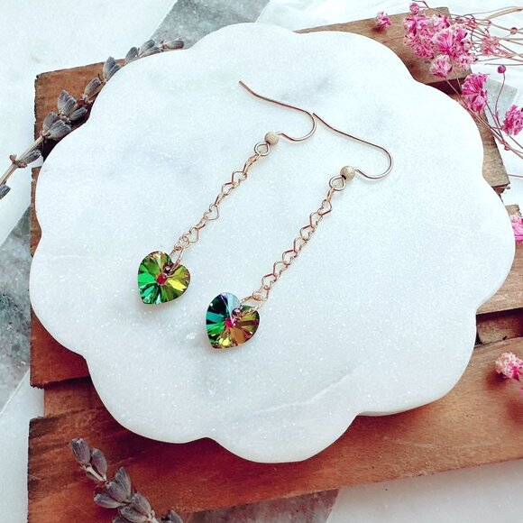 New Gorgeous Long Crystal Heart Chain Earrings | Handmade in BC - Picture 3 of 4